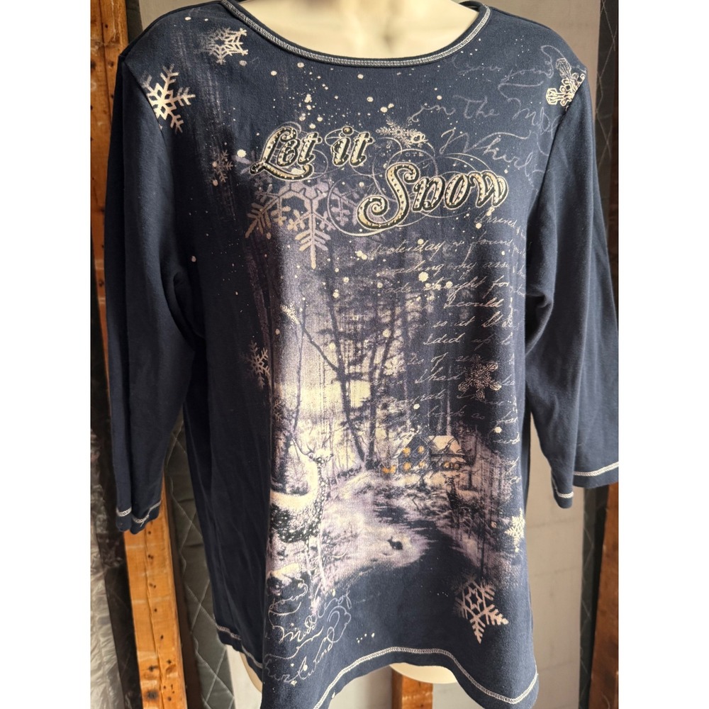 Christopher & Banks Navy Blue Let It Snow Winter Deer Graphic Tee Large